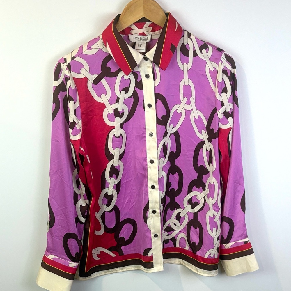 Rachel Zoe Colorful satin Chain Print Button-Up Shirt size M